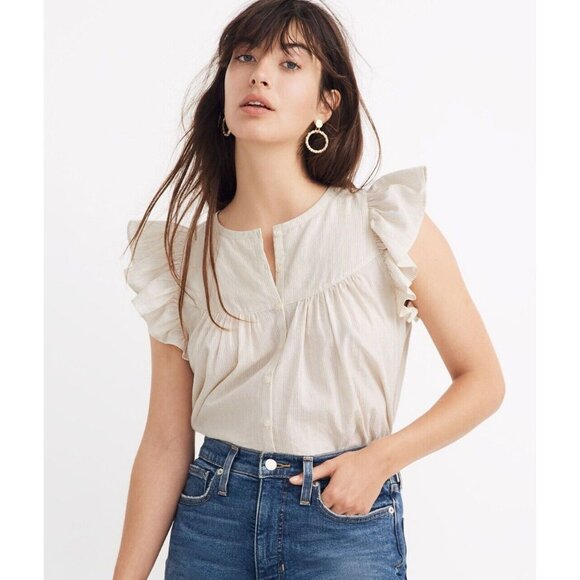 Madewell Tops - Madewell Ruffle-Sleeve Bib Top Metallic Lurex Stripe Size Small Button Up Blouse